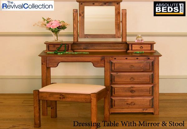 Revival Collection Pine Dressing Table with Mirror and Stool