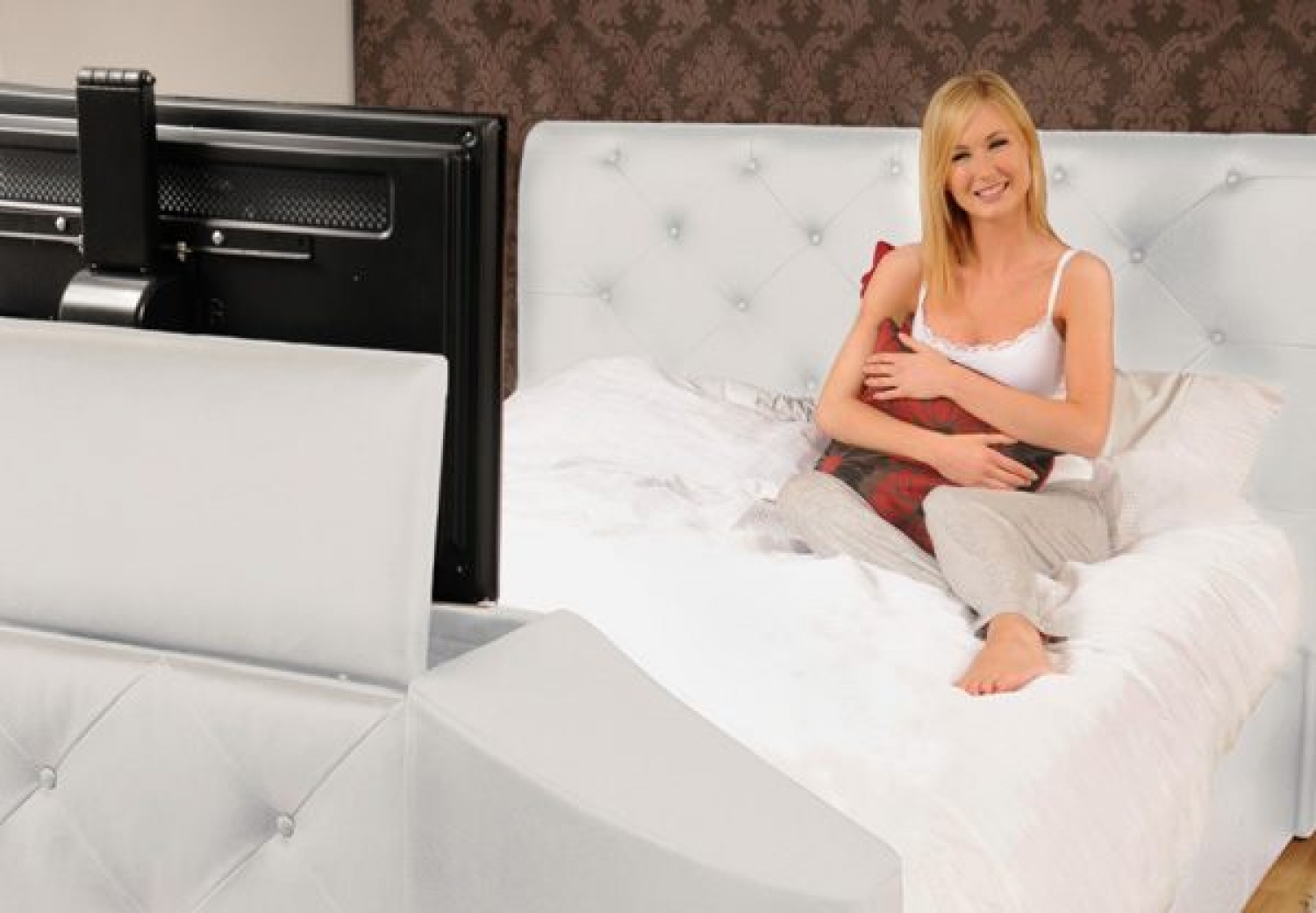 Sleep Secret Stratford White Electric Wireless TV Bed Frame Only. Matt
